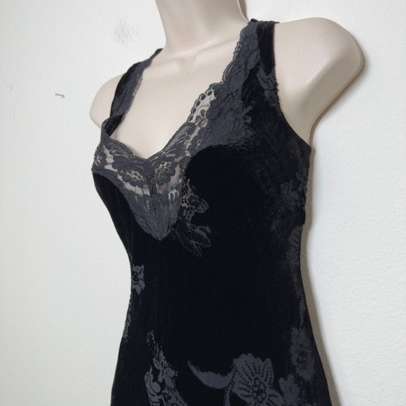 VTG Y2K 90s Women Fairy Grunge Velvet Burnout Silk Evening Dress Midi Lace Trim - Picture 9 of 13